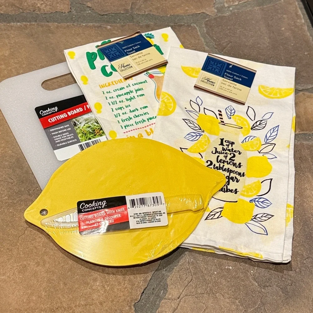NWT Lemon Cutting Board with Knife, and Two Lemon Towel Bundle